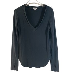 LNA Ribbed Long Sleeved Top Deep V Neck Tee Rounded Hem Fitted Black Size M